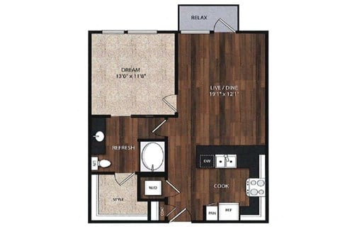 Floor plan for 1 bed, 1 bath, 775 sqft